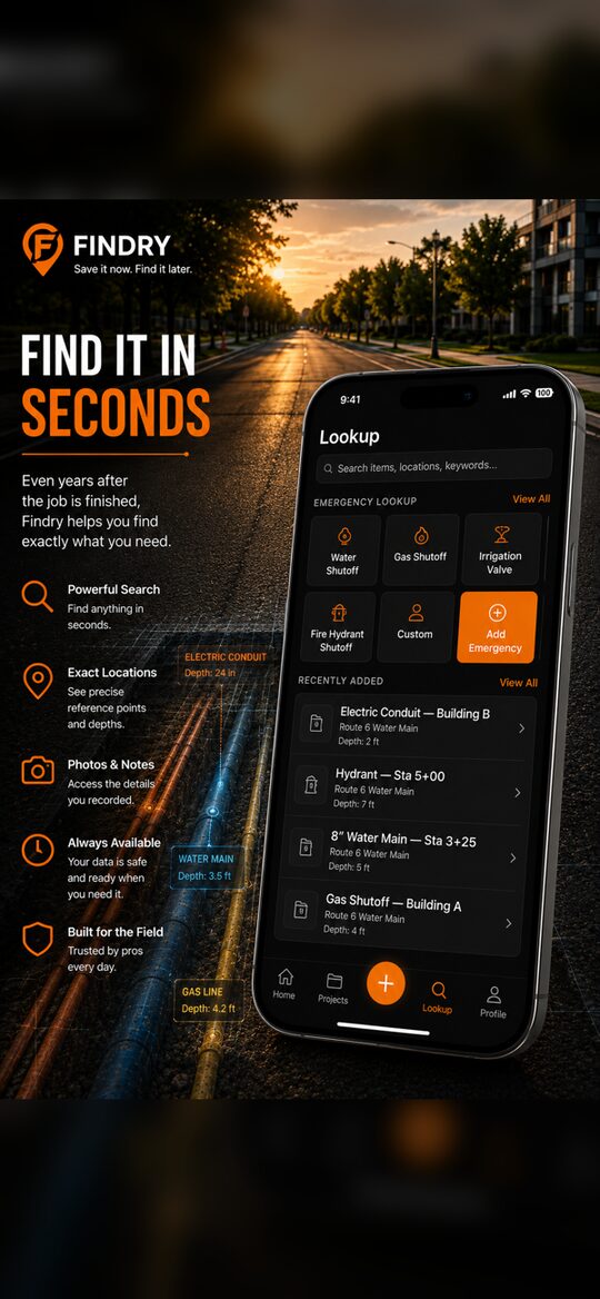 Findry app store screenshot: the Lookup screen, showing emergency lookup shortcuts and recently added records.