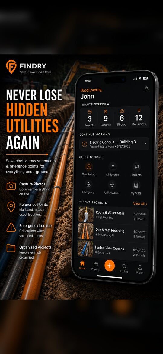 Findry app store screenshot: a record showing the depth and location of a buried utility.