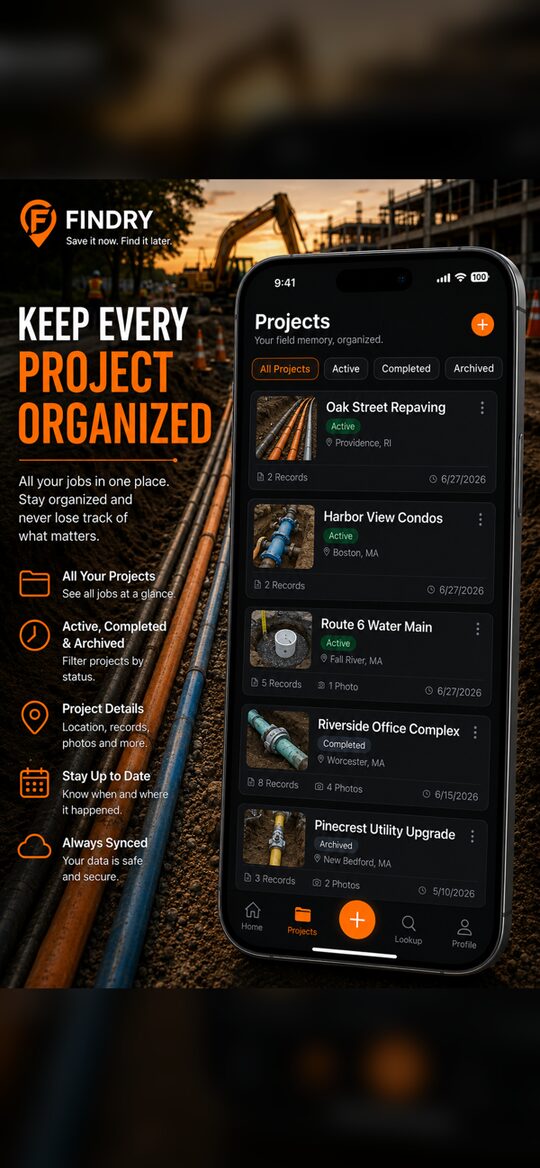 Findry app store screenshot: the project list, with each project showing its saved record count.