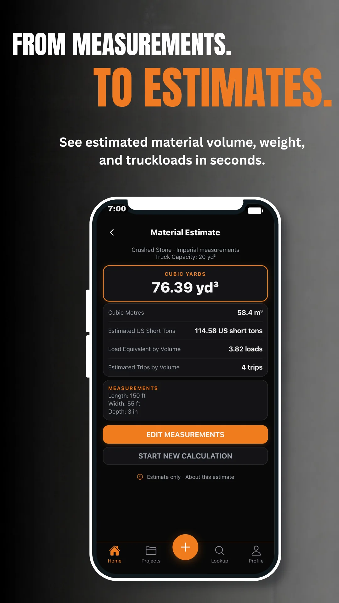 Material Calculator estimate showing volume, weight, and truck trips from the measurements entered.