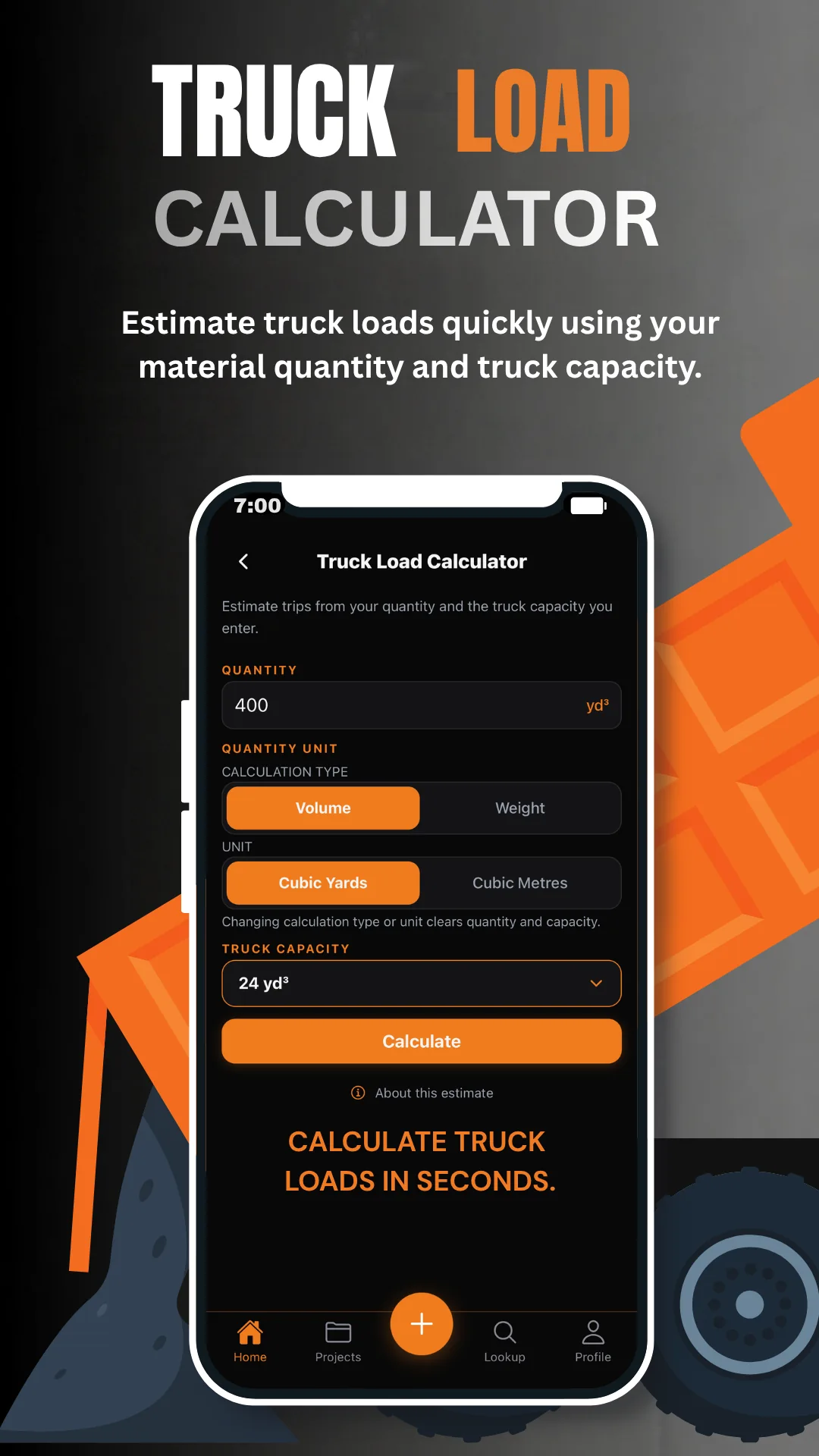 Truck Load Calculator screen for entering a material quantity and truck capacity.