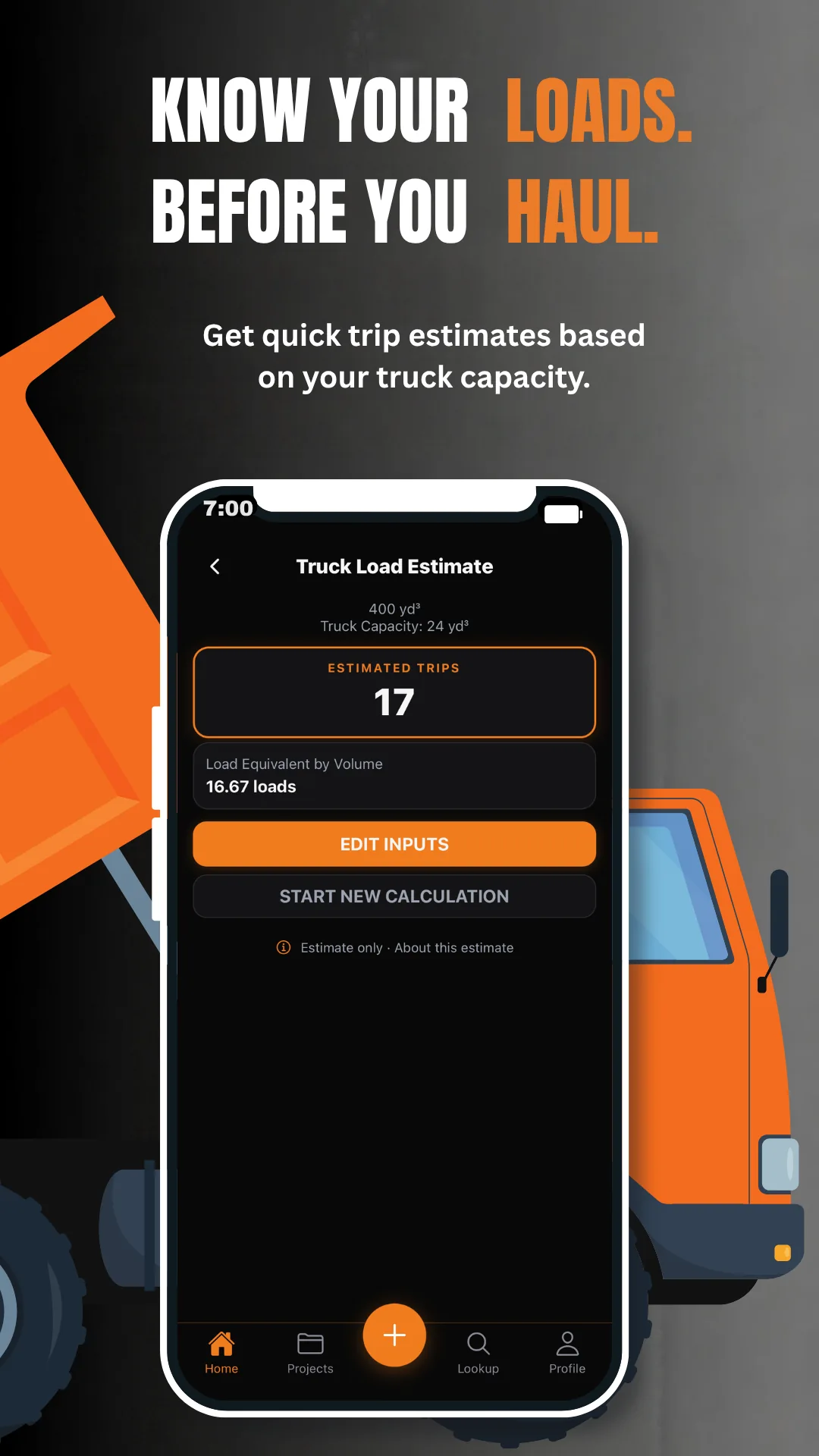 Truck Load Calculator estimate showing the trips for the quantity and truck capacity entered.